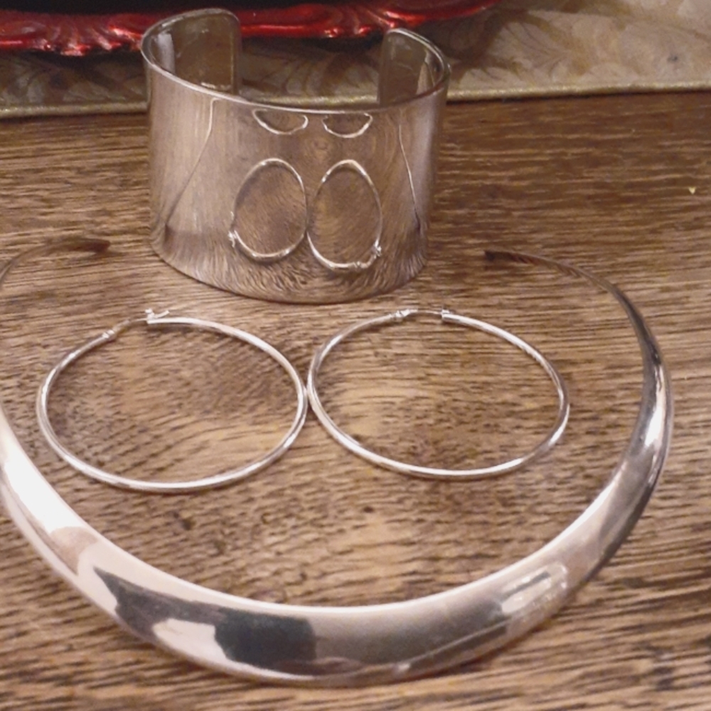 STERLING SILVER 3PC COLLAR, HOOPS & CUFF 925 SET BUNDLE